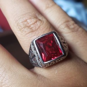 Stainless steel red crystal viking ring size 10